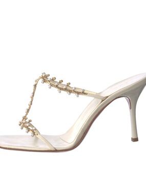 Giuseppe Zanotti Pearl Embellished T-Strap Heels | Ivory Gold Sandals | Size 7.5